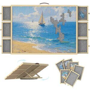 1500 Pcs Rotating Puzzle Board with 6 Drawers & Cover, Wooden Puzzle Table wi...